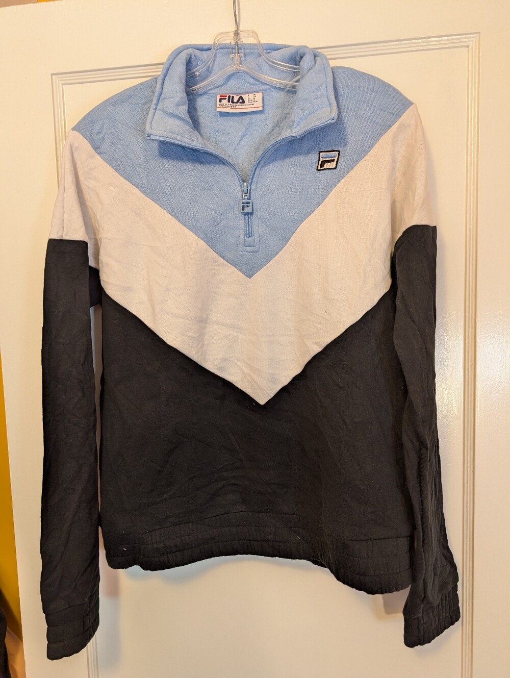 FILA Men’s Quarter-Zip Colorblock Pullover Sweater - Light Blue/White/Black